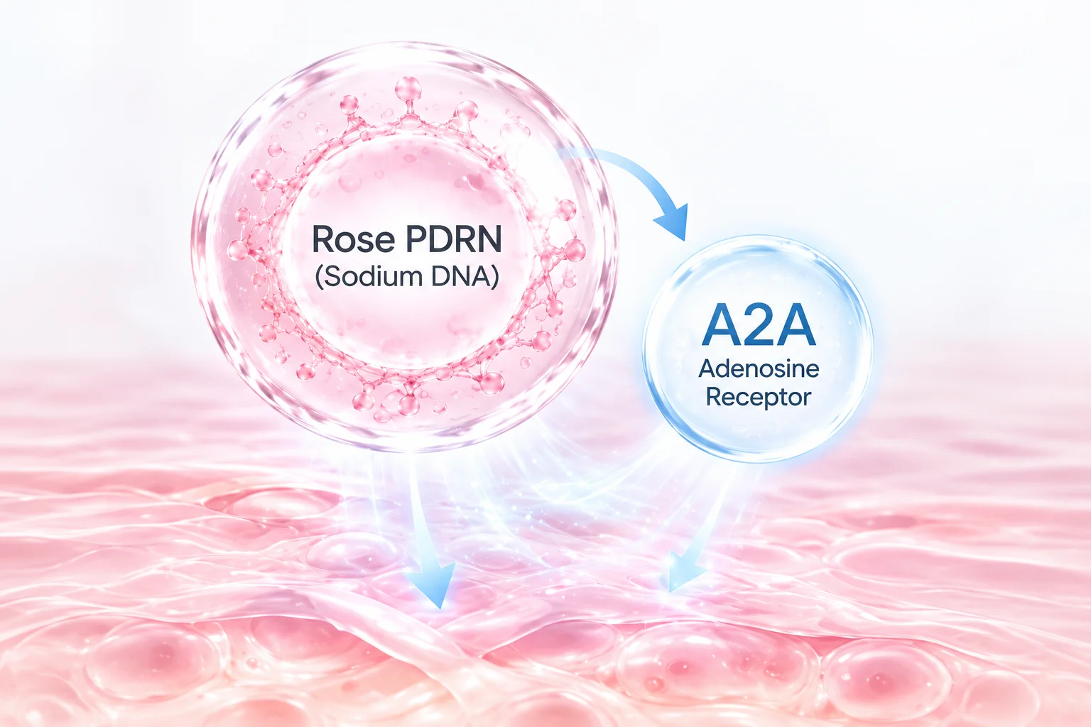 Illustration of Rose PDRN (Sodium DNA) interacting with A2A Adenosine Receptor over skin cells, visualizing molecular and cellular activity.